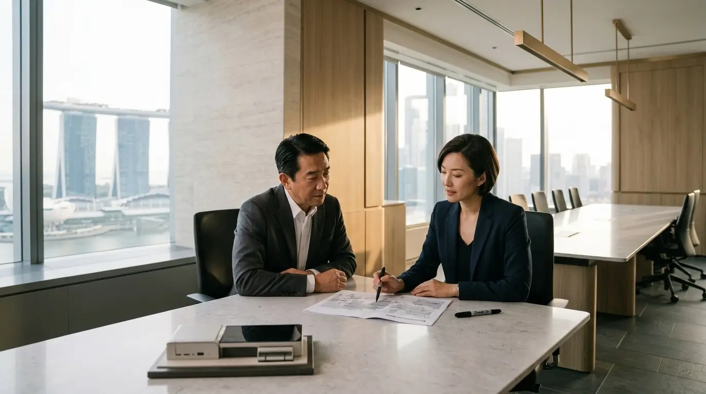 Stage one: the SVG partner and a business founder review a plan together in a Singapore business space