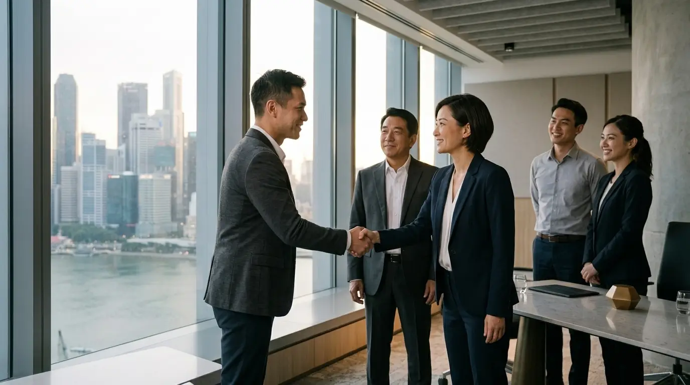 Stage five: a meeting concluding with a confident handshake and a composed team moment