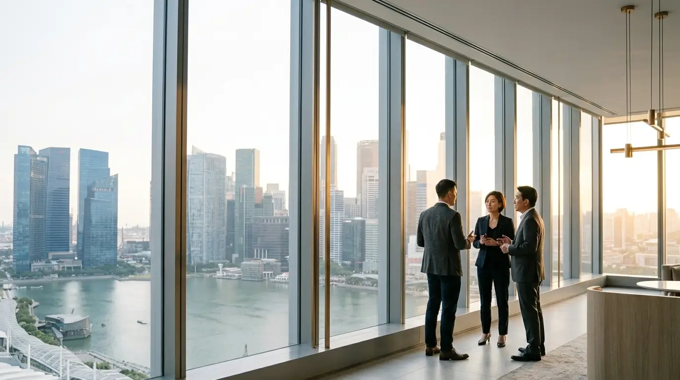 The leadership group standing together in a bright business space overlooking the city skyline